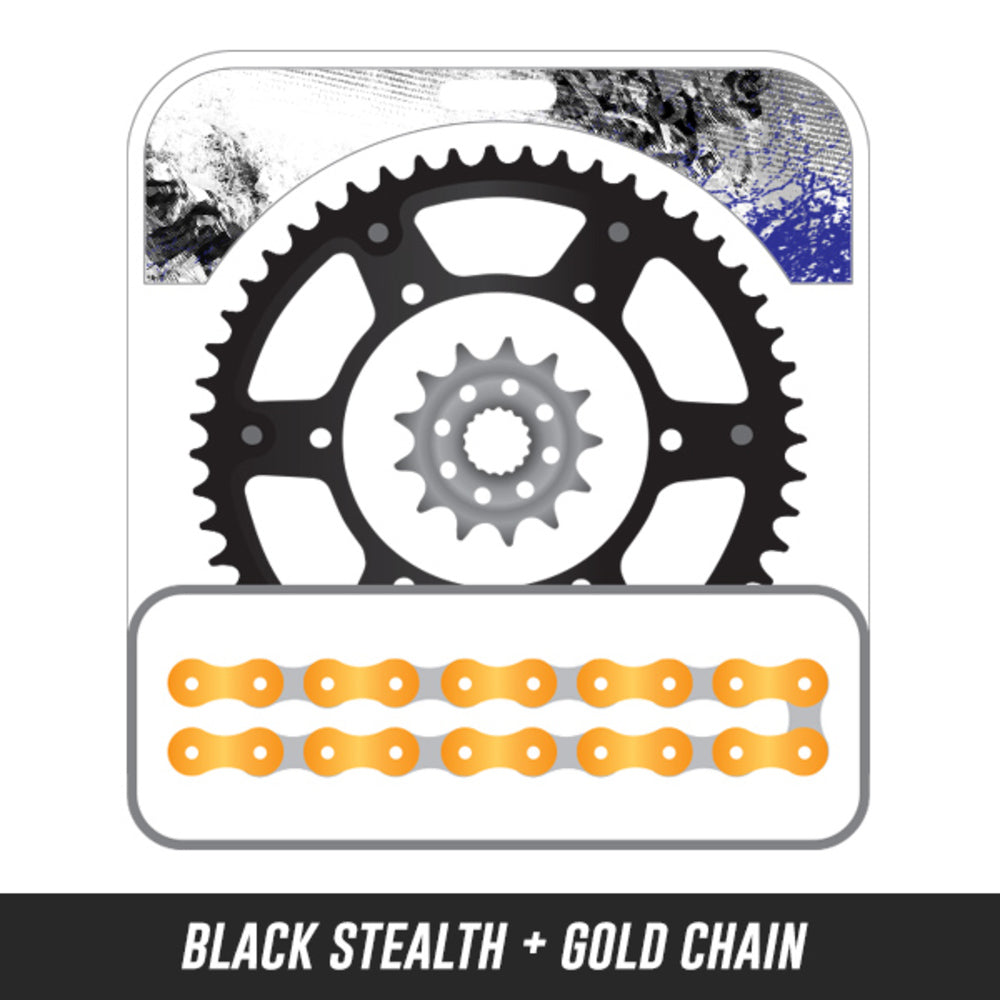 125-501 TC/TE/FC/FE 00-16,Front: KT1-13,Rear: KM1-50 STEALTH BLACK,Chain: 520 SRX2 GOLD