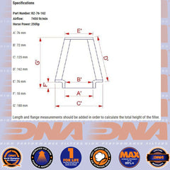 DNA FILTER RZ SERIES RUBBER TOP CLAMP ON 76mm INLET 162mm LENGTH AIR FILTER - RZ-76-162