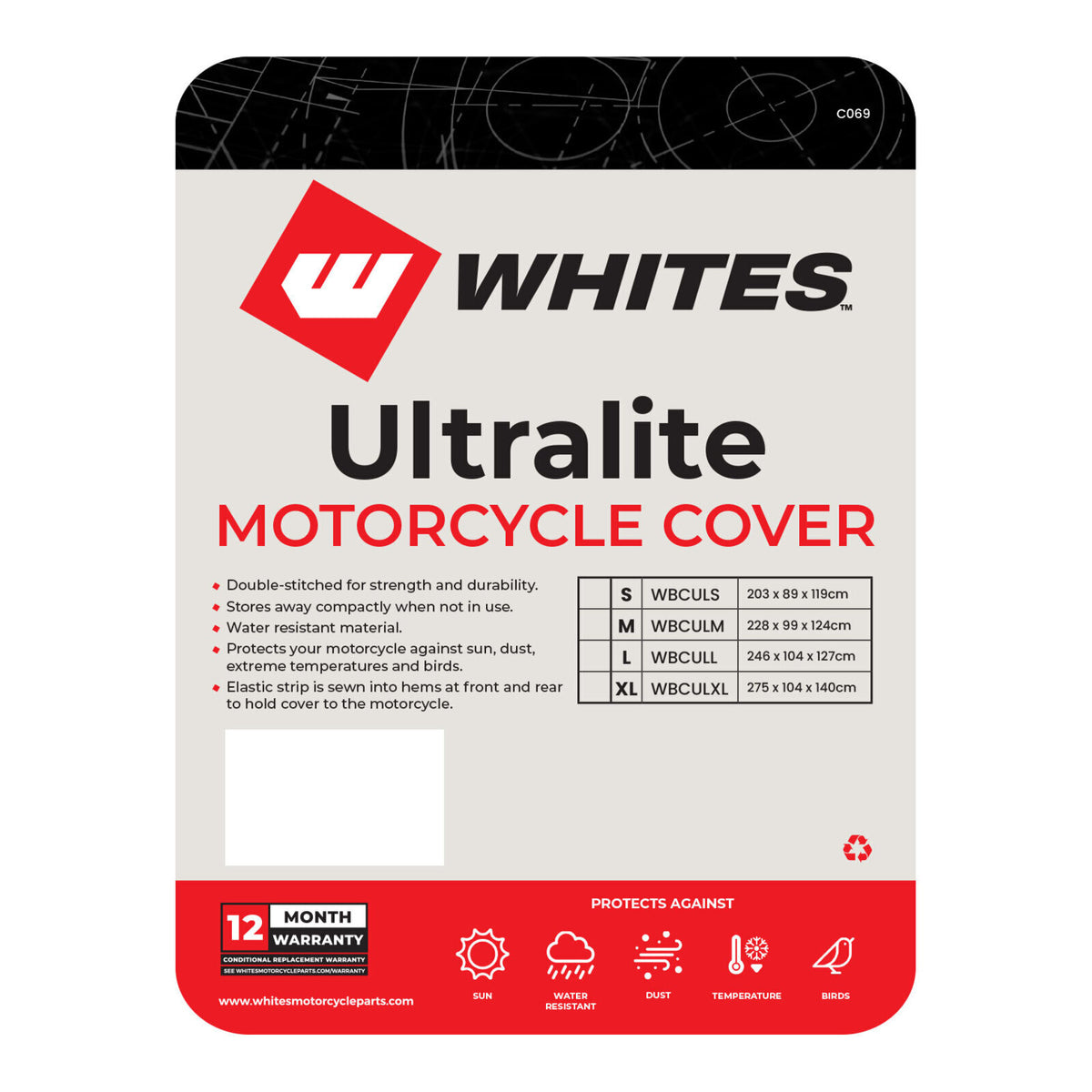 Whites Motorcycle Cover - Ultralite (XL) 275 x 104 x 140cm