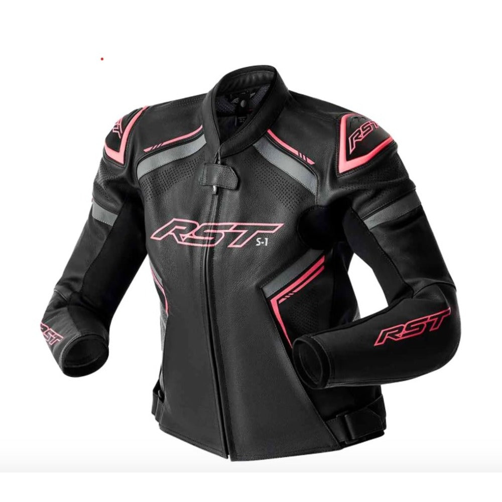 RSJL3626 S1 D30 CE LADIES LEATHER JACKET BLACK/FLURO PINK
