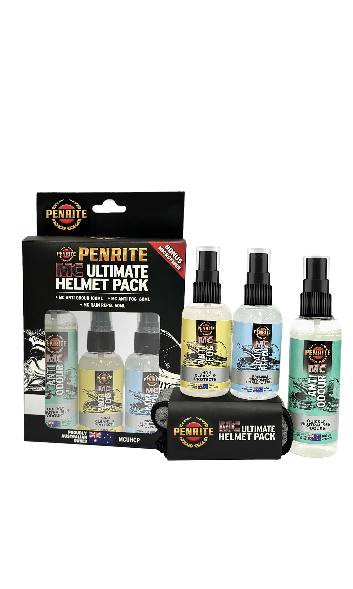 Kit contains everything needed to refresh and maintain clear vision - Can be used on motorcycle helmets, racing helmets and off road goggles - Neat, small, handy pack for travel MC Ultimate Helmet Pa
