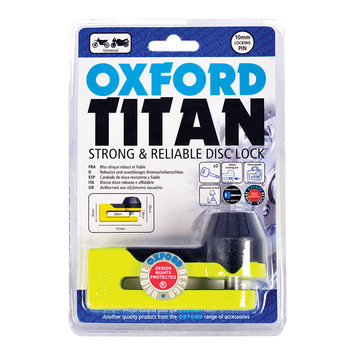 Oxford Titan 10mm Pin Disc Lock - Yellow, includes pouch