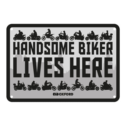 Oxford Garage Metal Sign: Handsome Biker Lives Here