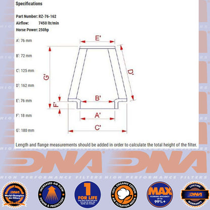 DNA FILTER RZ SERIES RUBBER TOP CLAMP ON 76mm INLET 162mm LENGTH AIR FILTER - RZ-76-162