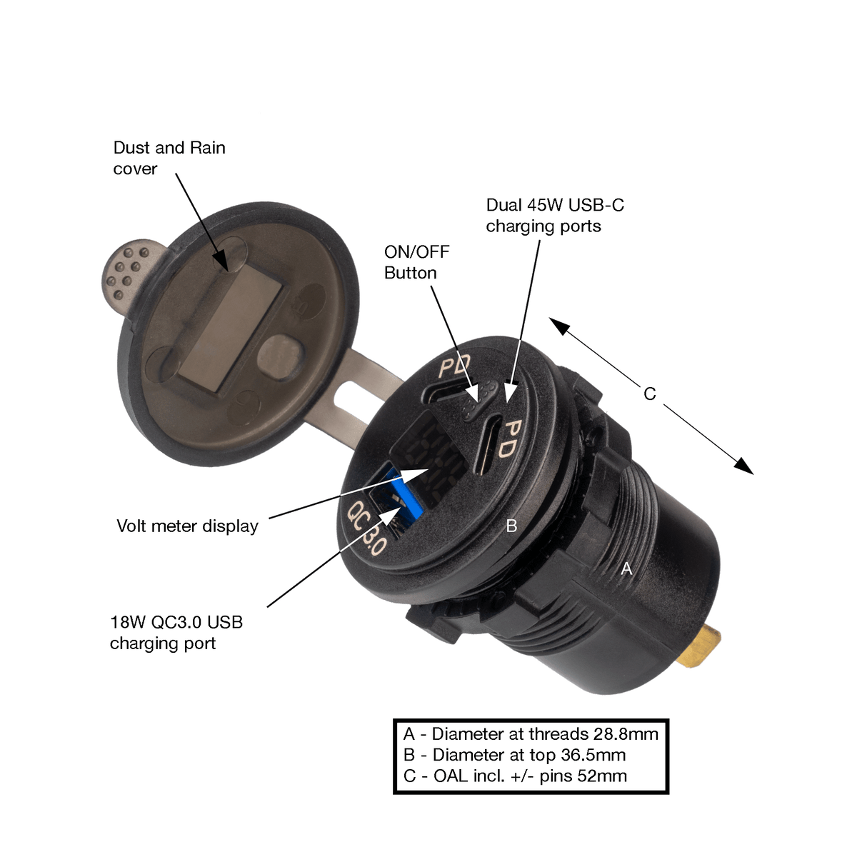 MERIT DUAL ADAPTER USB-A &C W VOLTMETER & ON/OFF
