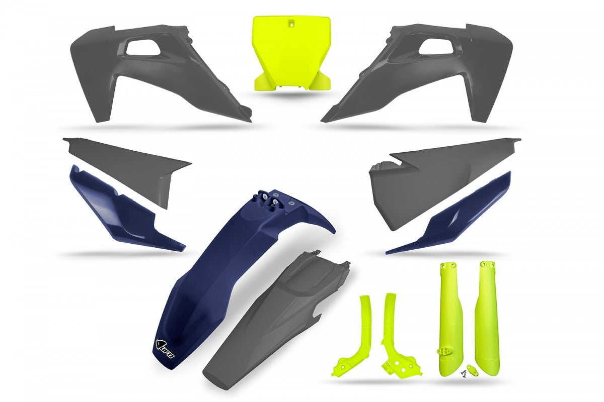 UFO Husky Plastics Kit SE/LE TC-FC 19-20 GRY/BLU/YEL (INCL. Fork Sliders/Frame Guards)