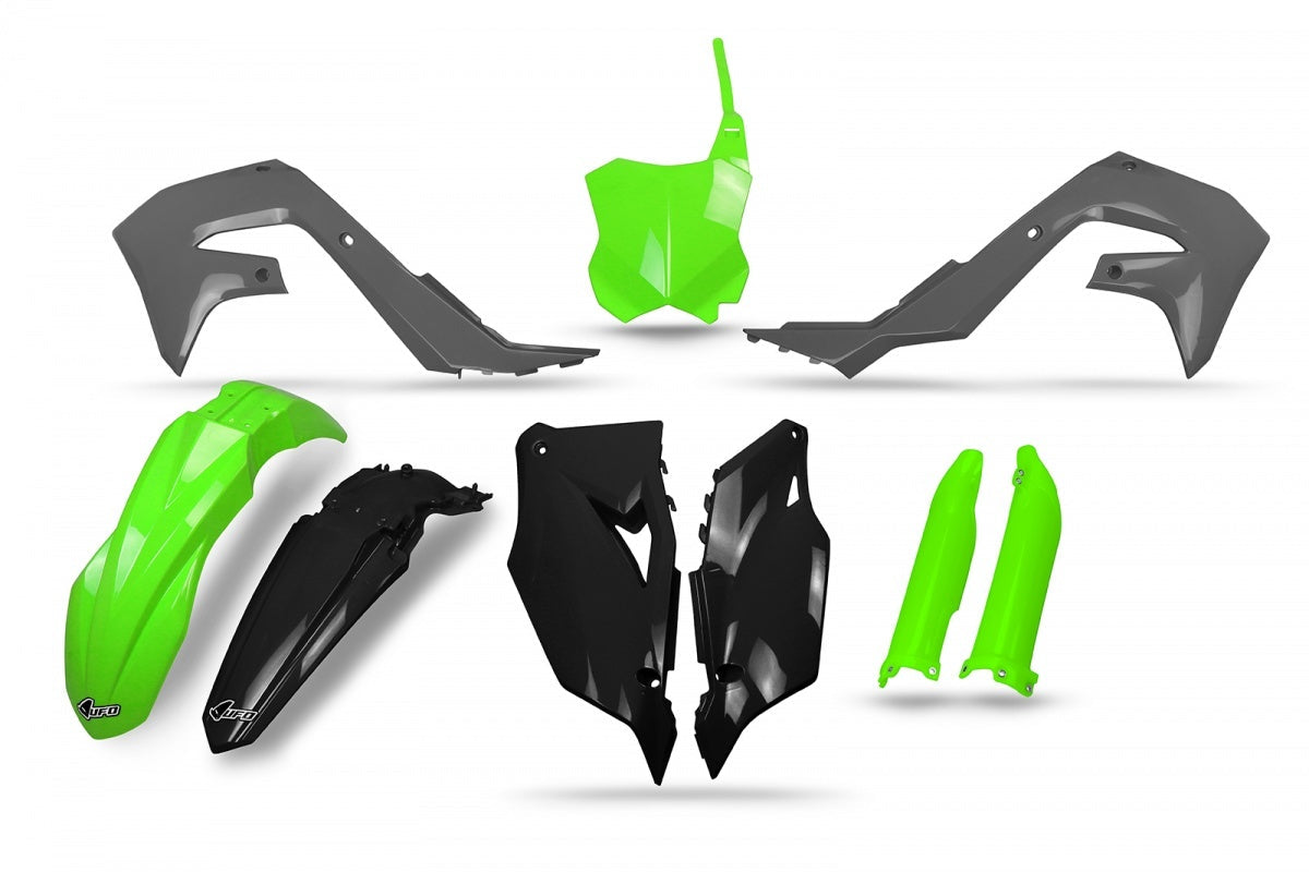 UFO Kawasaki Plastics Kit SE/LE KXF250 21-23/KX450F 19-23 GRY/GRN/BLK (INCL. Fork Sliders)