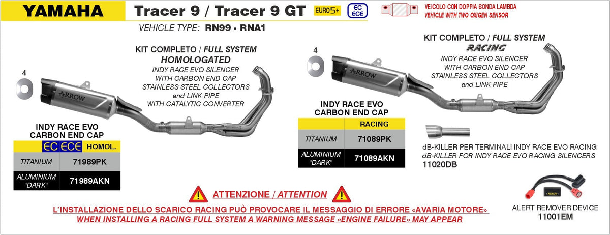 ARROW 71989PK Full System Homologated - Header / Collector Set Stainless with INDY RACE EVO Titanium Silencer<br>YAMAHA  Tracer 9 GT - 82-719-89PK