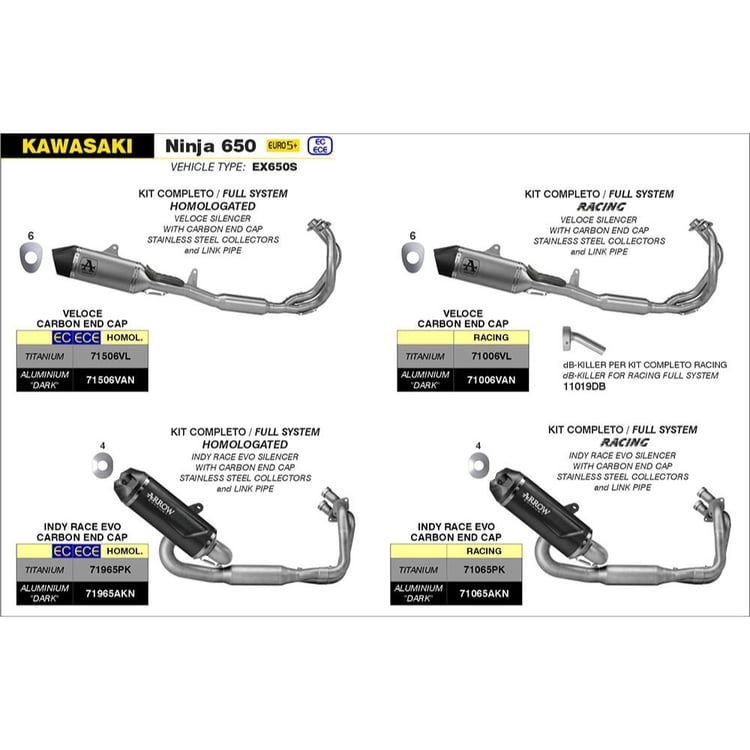 ARROW 71065AKN Full System Racing - Header / Collector Set Stainless with INDY RACE EVO Aluminium Dark Silencer<br>KAWASAKI  Ninja 650 / Z650 - 82-710-65AKN